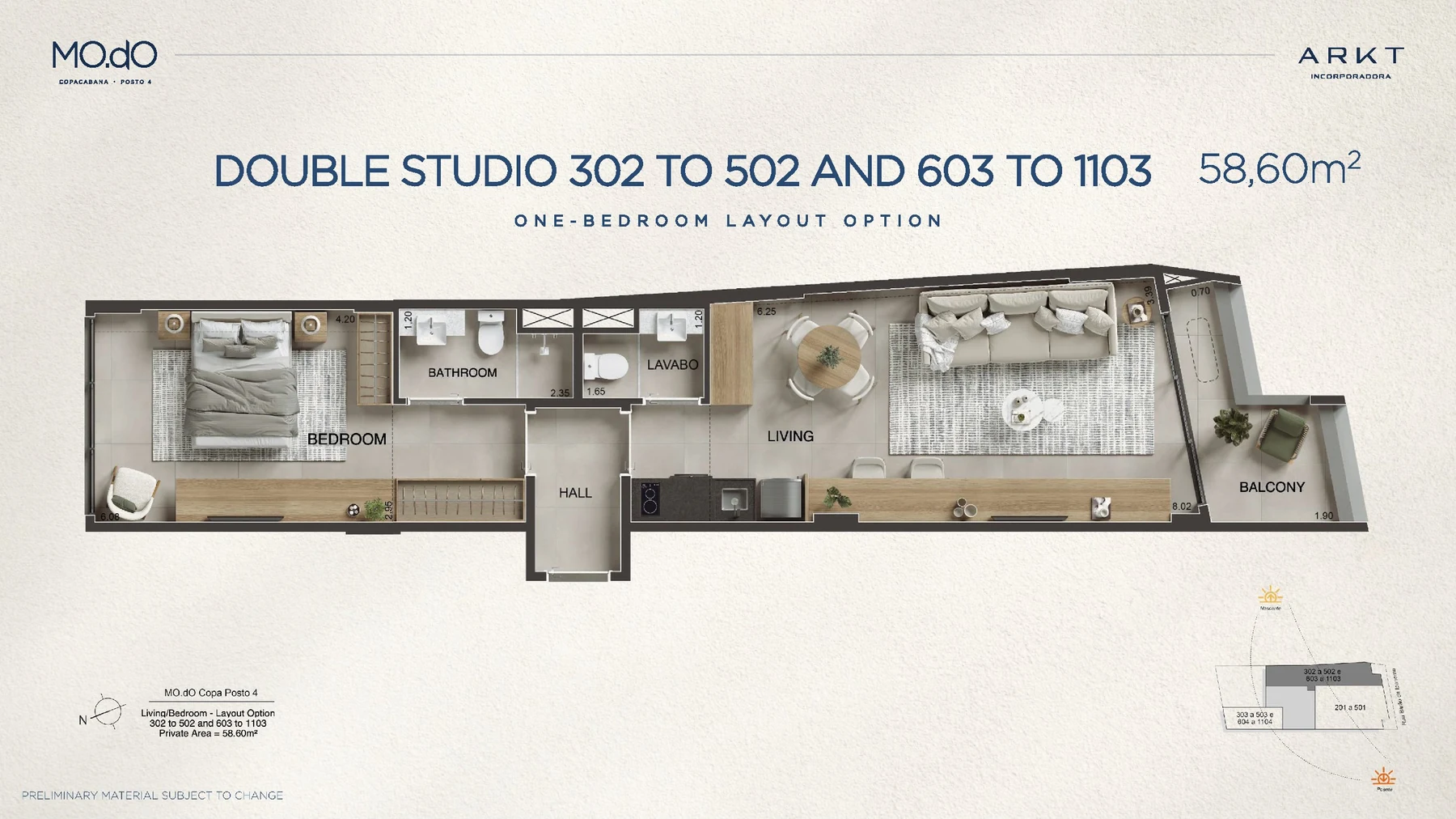 Planta Double Studio 58,60 m² - opção 1 quarto do MO.dO Copacabana Posto 4