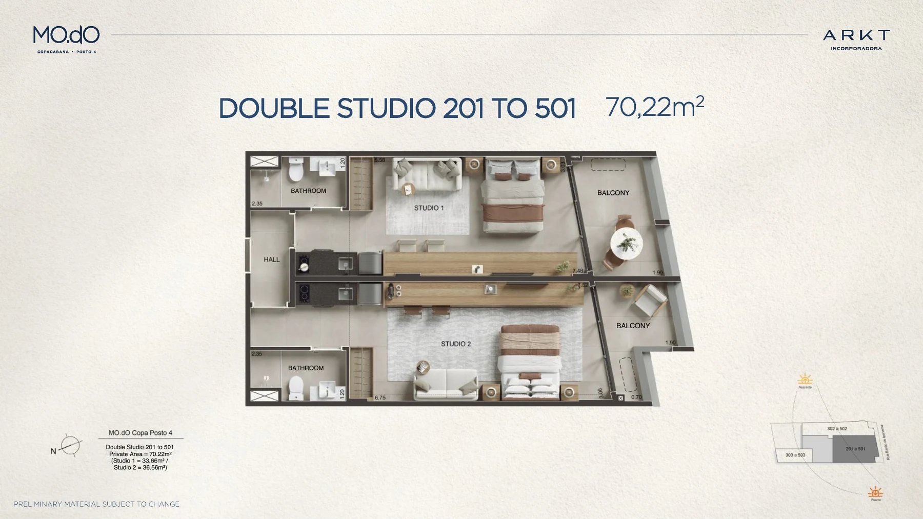 Planta Double Studio 70,22 m² do MO.dO Copacabana Posto 4