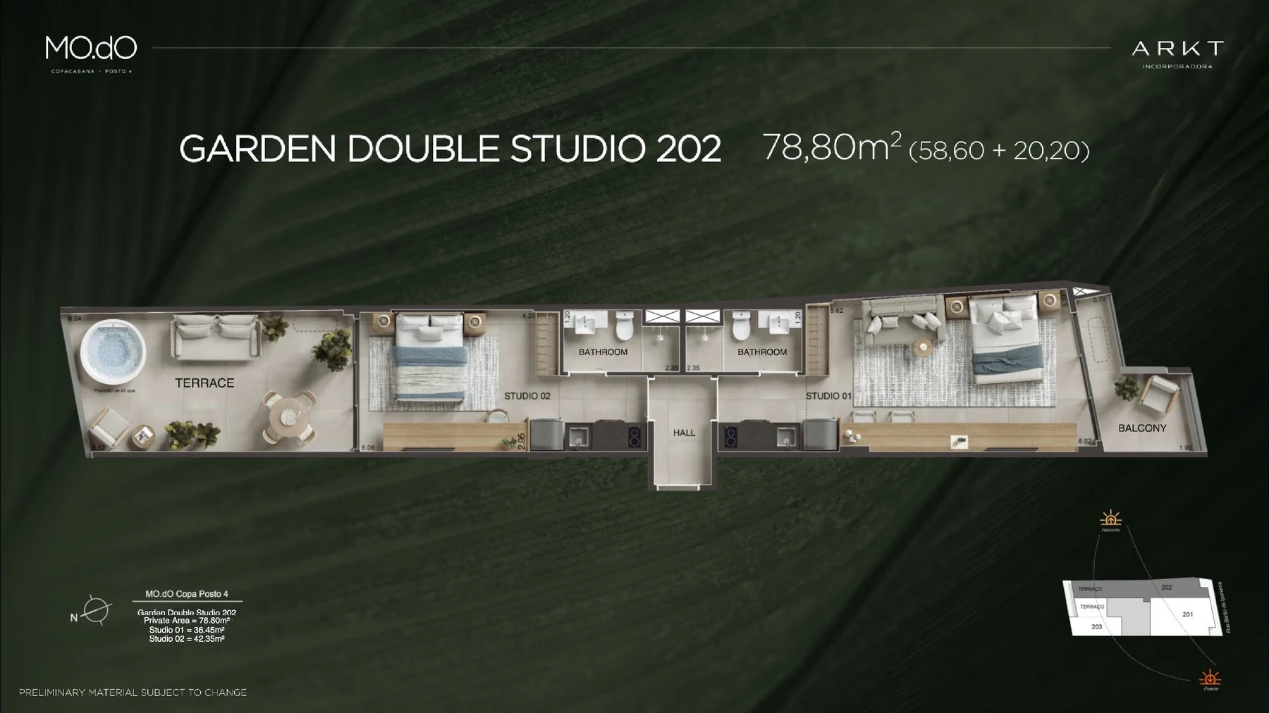 Planta Garden Double Studio 78,80 m² do MO.dO Copacabana Posto 4