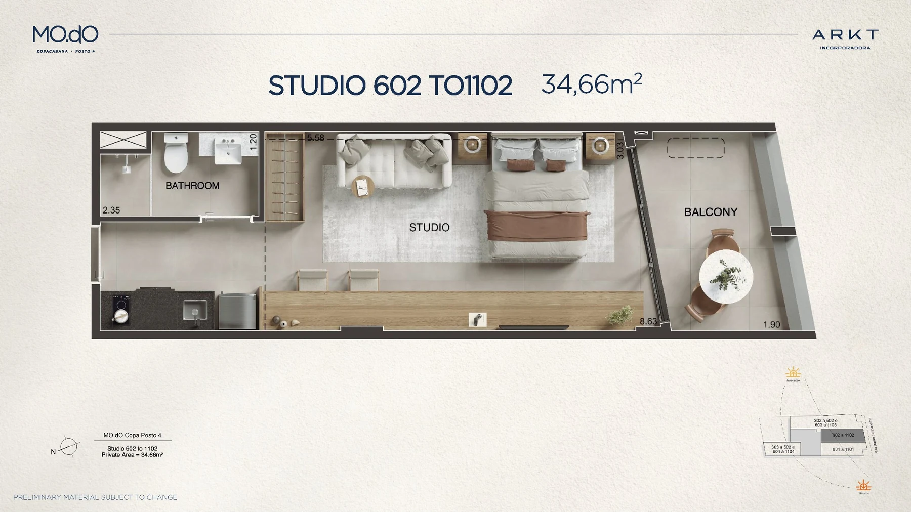 Planta Studio 34,66 m² do MO.dO Copacabana Posto 4