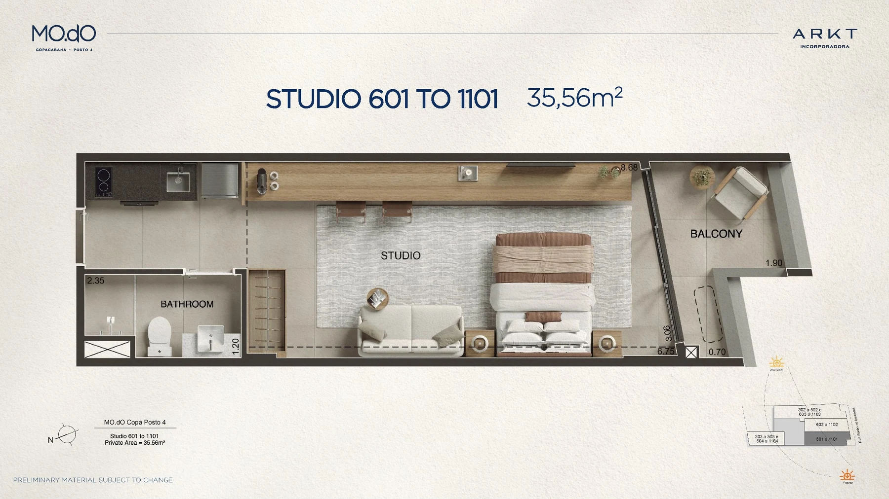 Planta Studio 35,56 m² do MO.dO Copacabana Posto 4